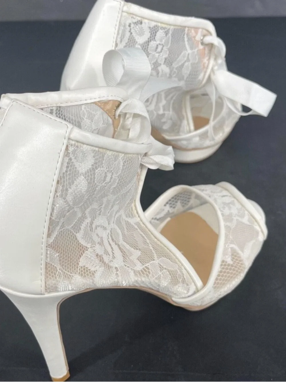 FSJ Ivory Lace Peep-Toe Ribbon Heels